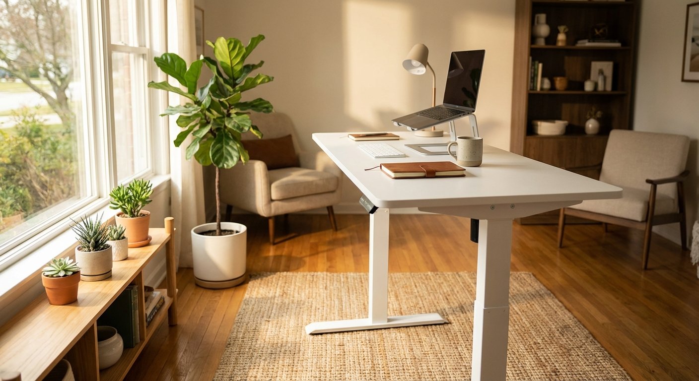 Uplift V2 electric standing desk white desktop product photo