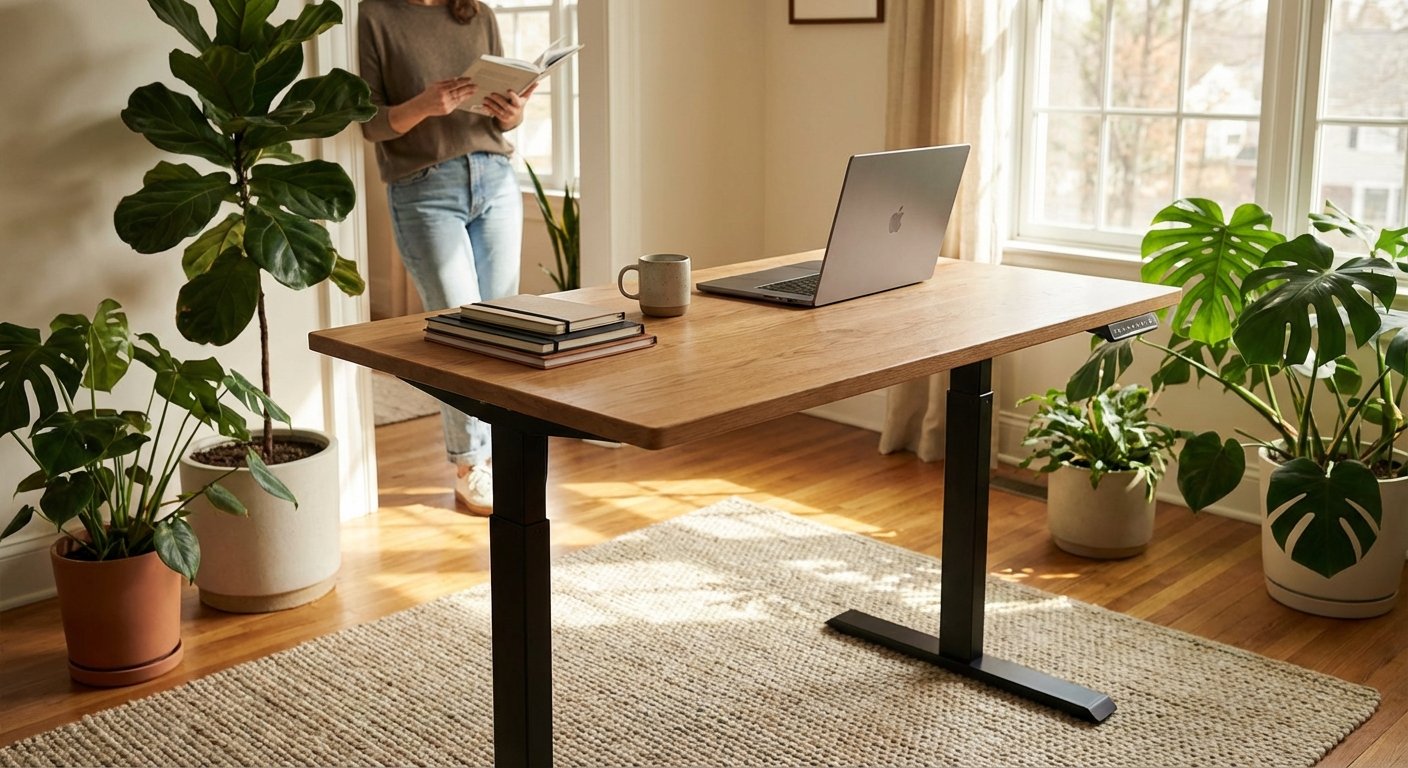 FlexiDesk Pro Max 2026 standing desk in home office setup