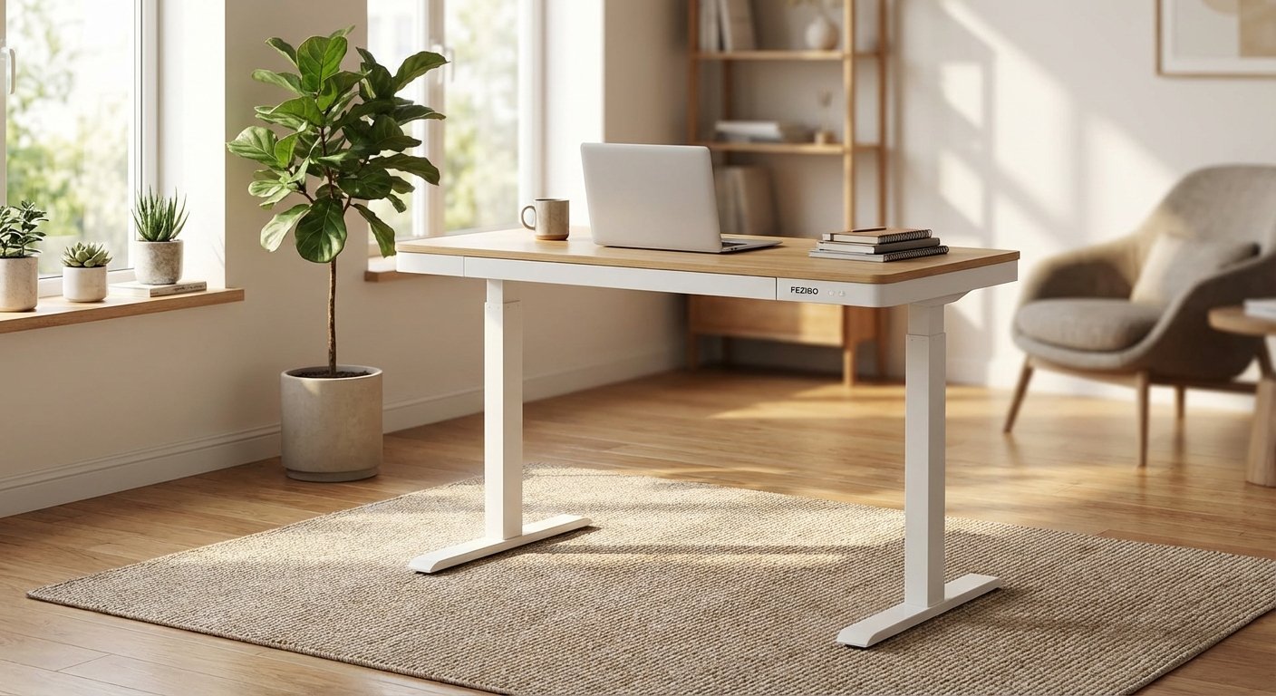 FEZIBO electric standing desk height adjustable white frame product photo