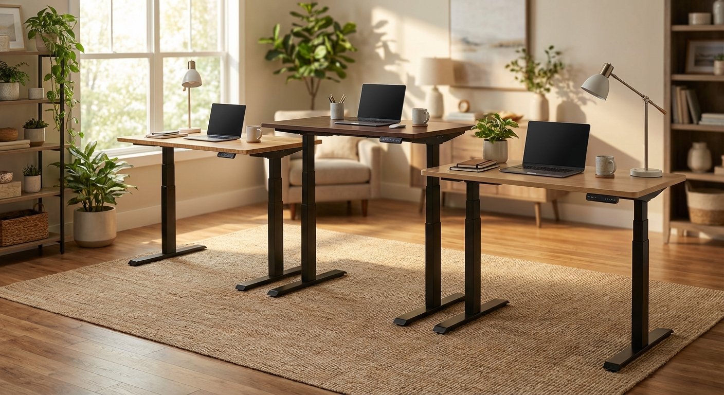 Uplift V2 standing desk vs Flexispot E7 vs Vari Electric desk product photos