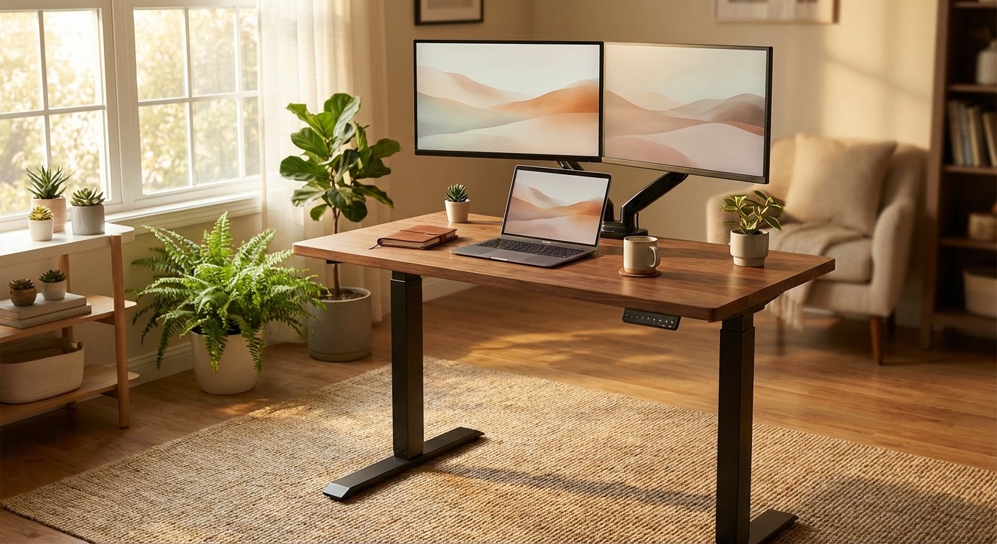 Flexispot E7 standing desk setup with dual monitors
