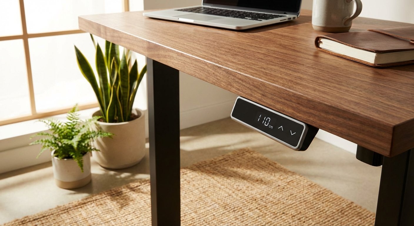 Standing desk height adjustment control panel close-up