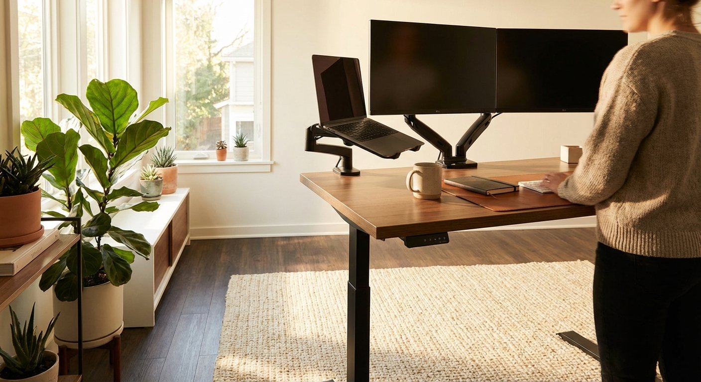 UpDesk standing desk in home office setup with monitors