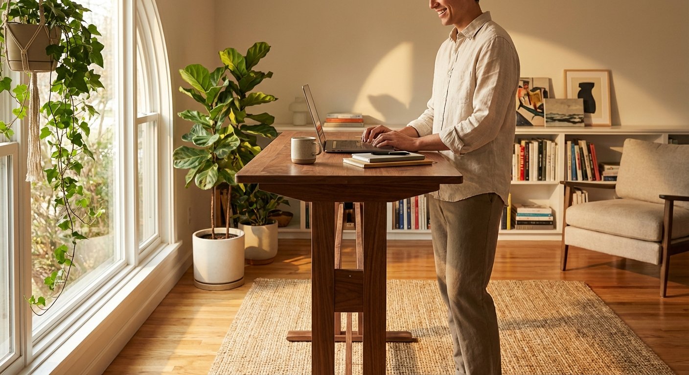 Person using standing desk in home office setup