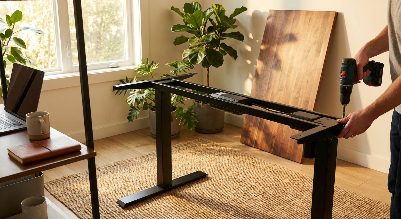 standing desk frame assembly showing leg attachment points and motor unit