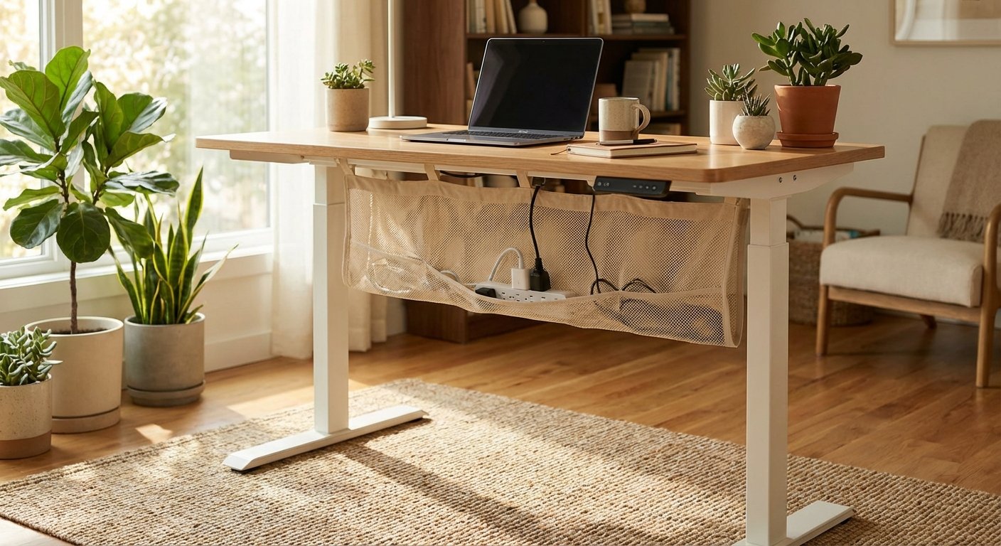 IKEA standing desk cable management net underneath