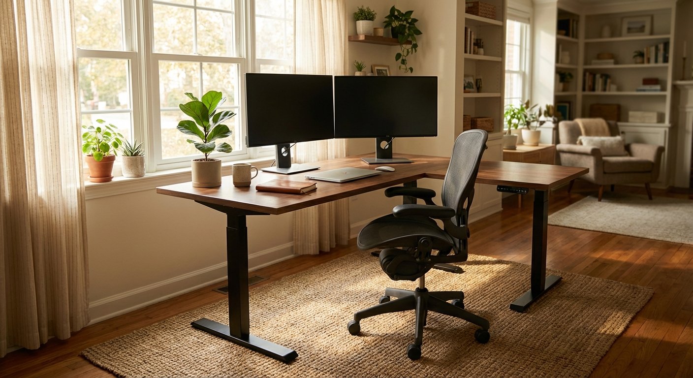 Uplift V2 L-Shape standing desk in modern home office corner with dual monitors and ergonomic chair