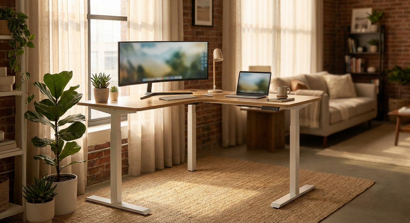 FlexiSpot E7L corner standing desk with white frame in bright studio apartment with single ultrawide monitor