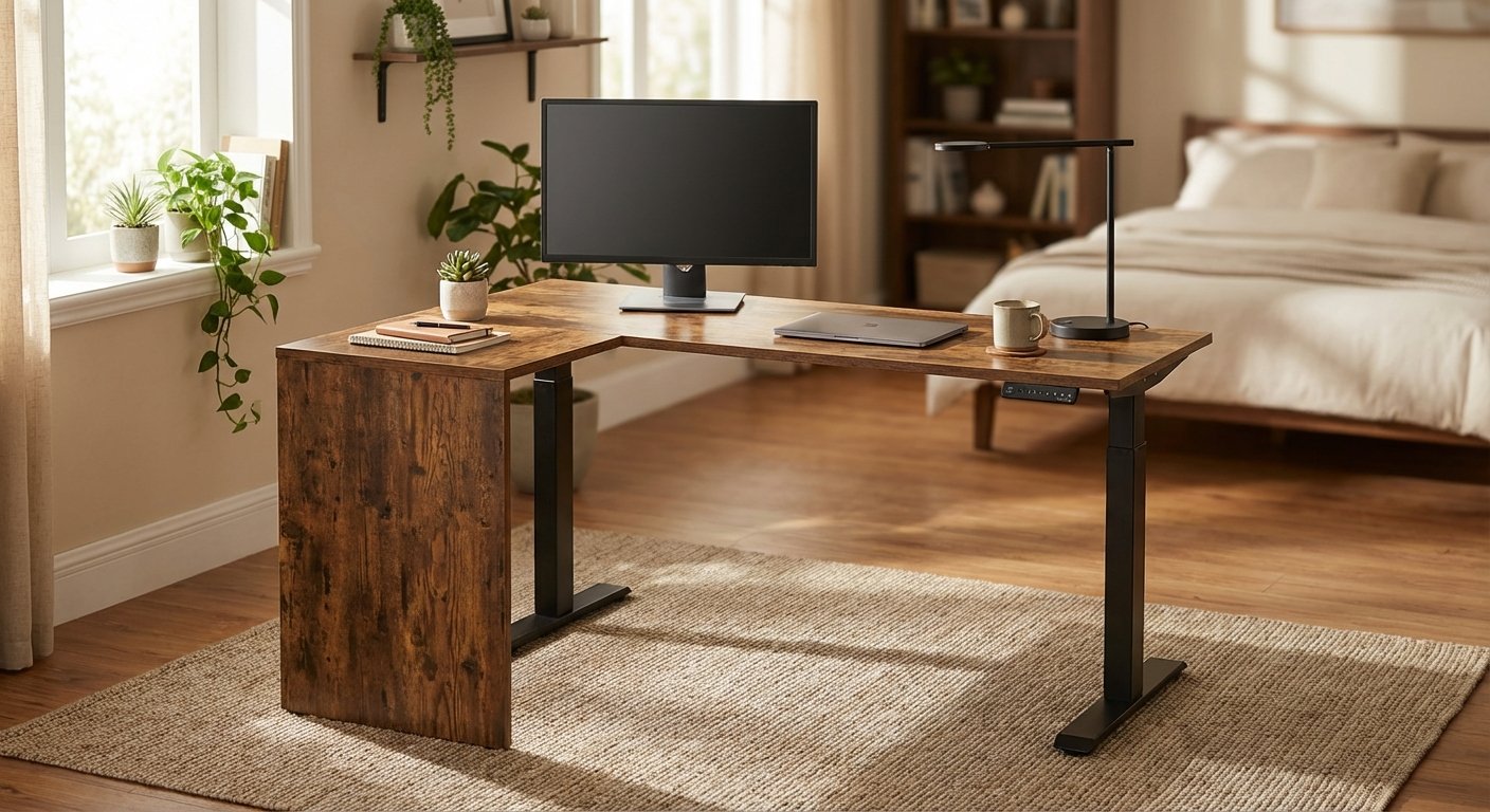 Fezibo L-shaped standing desk in rustic brown finish in small bedroom office with single monitor and desk lamp