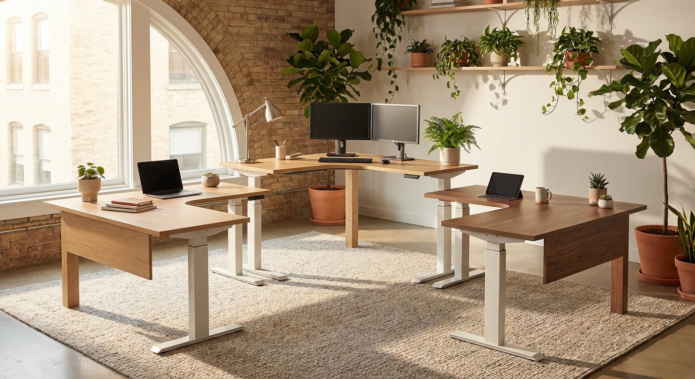three L-shaped standing desks from Uplift FlexiSpot and Fezibo arranged in a large showroom with bright lighting