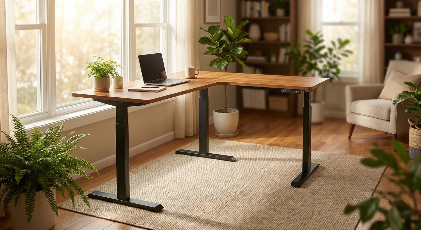 FlexiSpot E7L l-shaped standing desk at standing height in cozy home office with plants and natural light