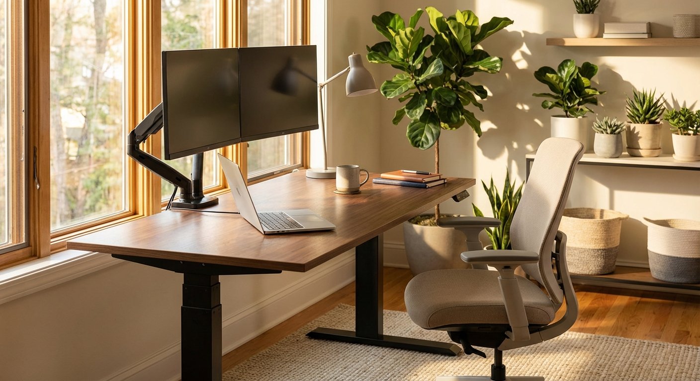 Uplift V2 standing desk in modern home office with dual monitors and natural light
