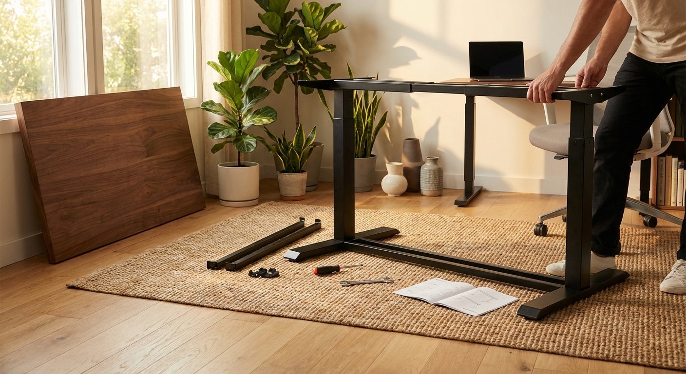 FlexiSpot E7 desk frame assembly with tools laid out on hardwood floor