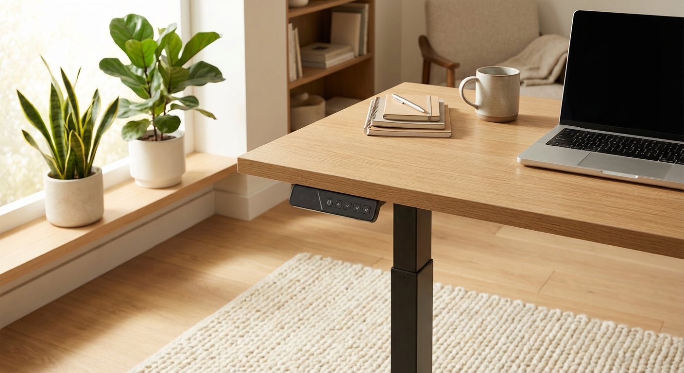 standing desk control panel with memory presets in bright minimalist workspace