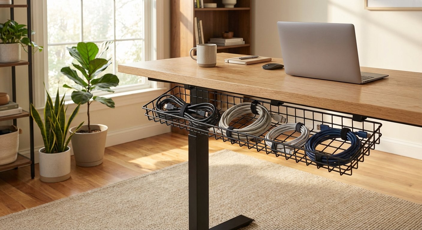cable management tray under Uplift V2 standing desk with organized cables in home office