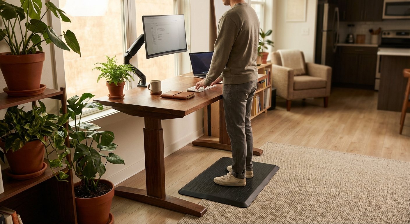 ergonomic standing desk setup with anti-fatigue mat and monitor arm in bright studio apartment