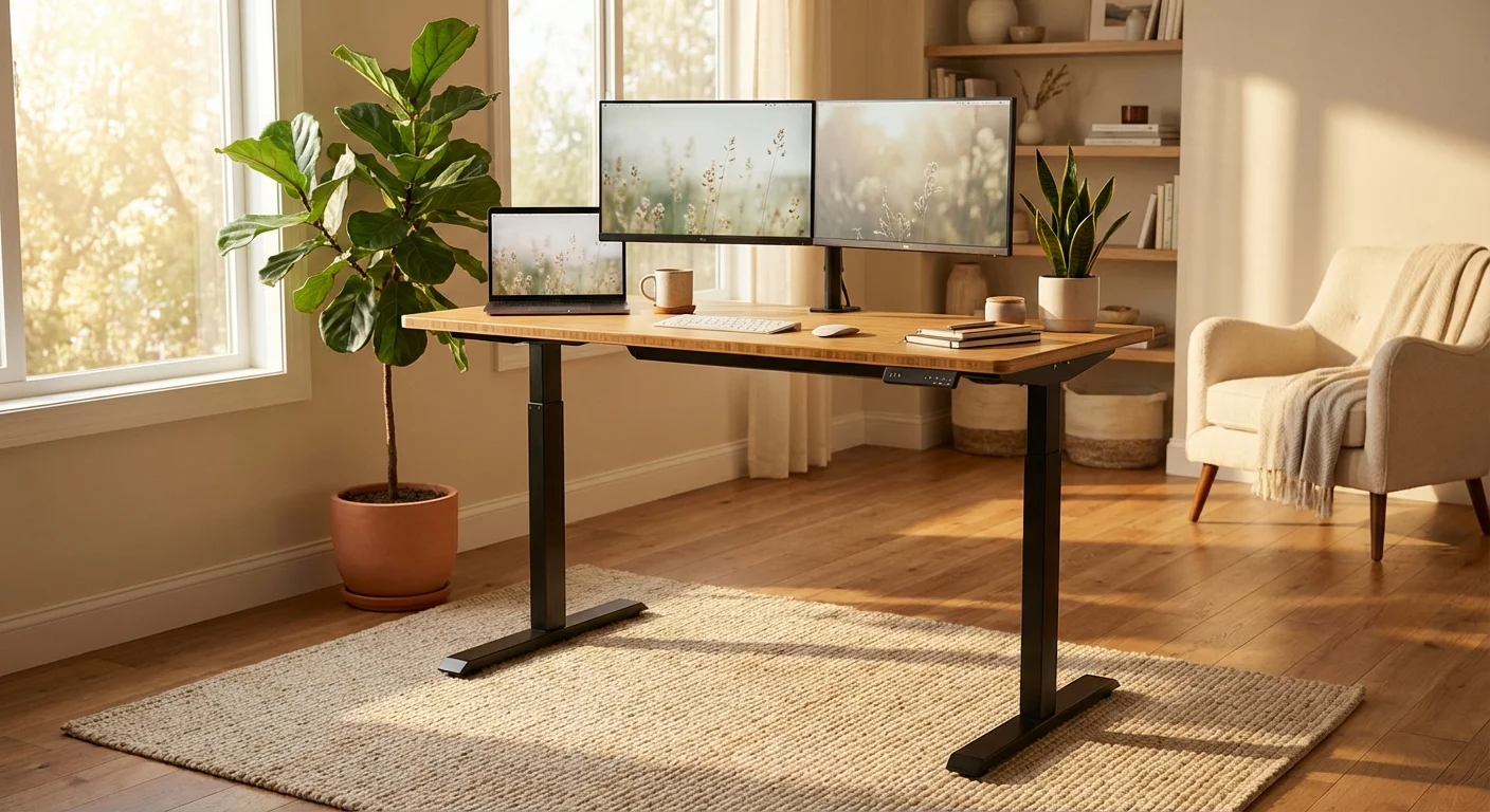 Uplift V2 standing desk with bamboo top in bright home office near window with dual monitors