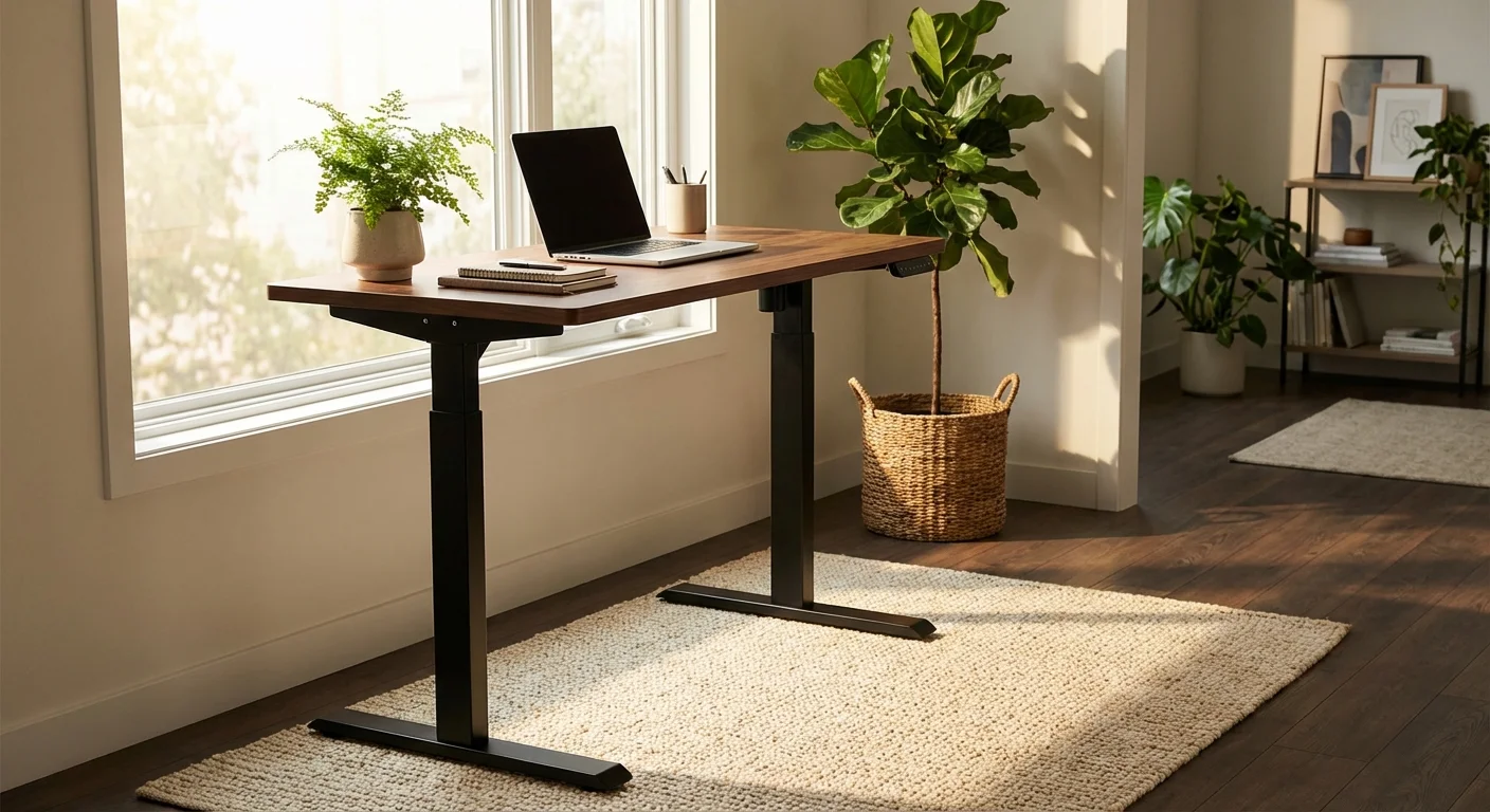 FlexiSpot E7 black frame height adjustable desk at standing height in modern workspace with plants and laptop