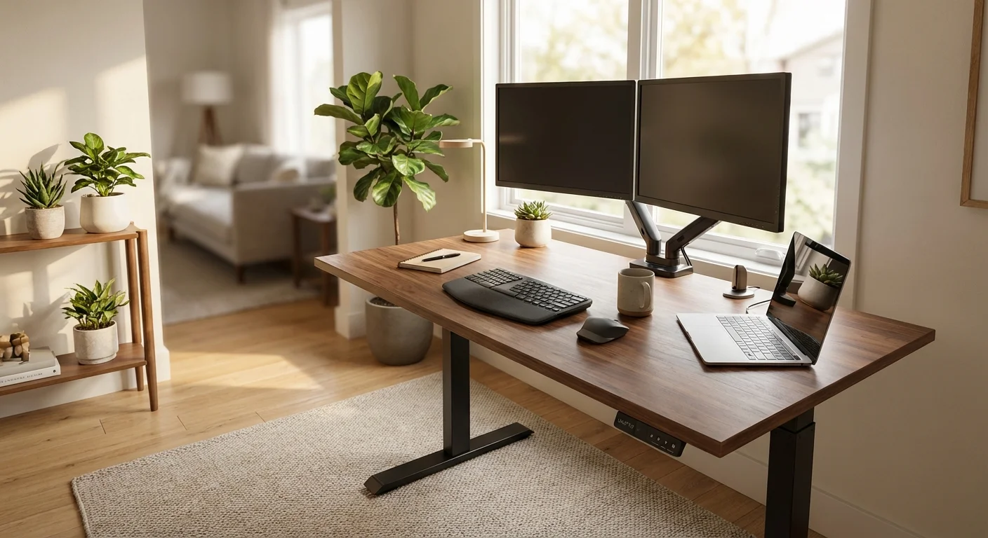 Uplift V2 standing desk with dual monitor setup and ergonomic keyboard in a minimalist home office