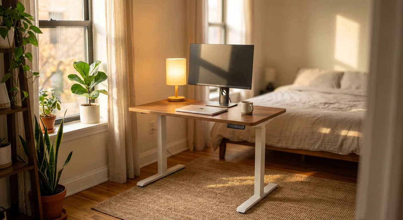 SHW Electric standing desk in a small apartment bedroom workspace with single monitor and lamp