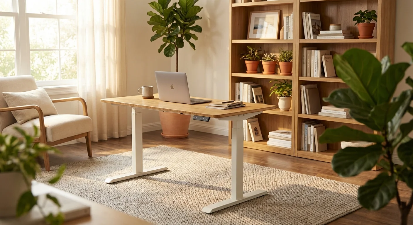 FlexiSpot E7 standing desk at sitting height with bamboo top in cozy home office with bookshelf