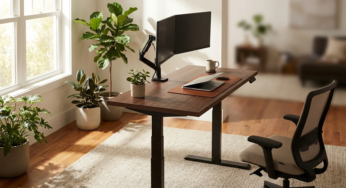Vari Electric Standing Desk 60x30 in dark wood finish in modern home office with dual monitors