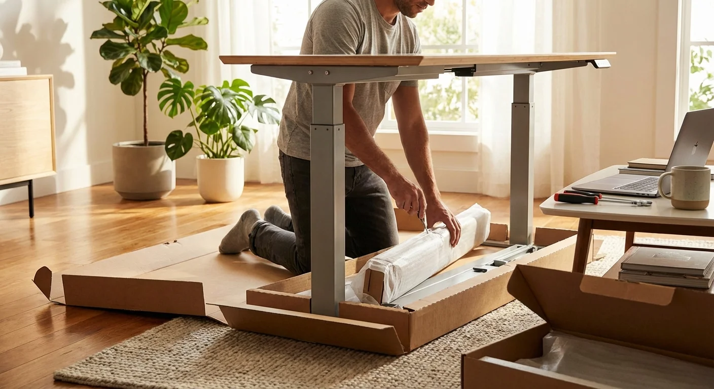 Vari Electric Standing Desk unboxing and assembly process showing T-style legs on hardwood floor