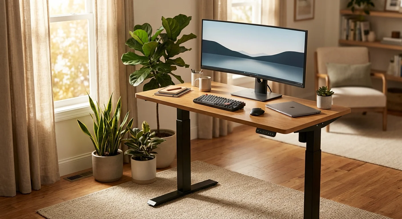 Vari Electric Standing Desk at standing height with ultrawide monitor and keyboard in bright office with natural light