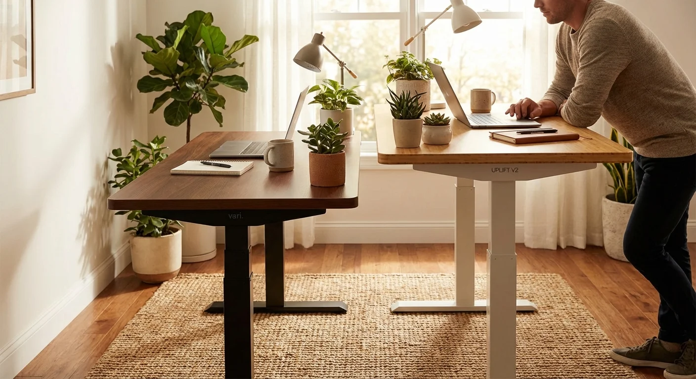 Vari Electric Standing Desk next to Uplift V2 standing desk comparison in side-by-side office setup