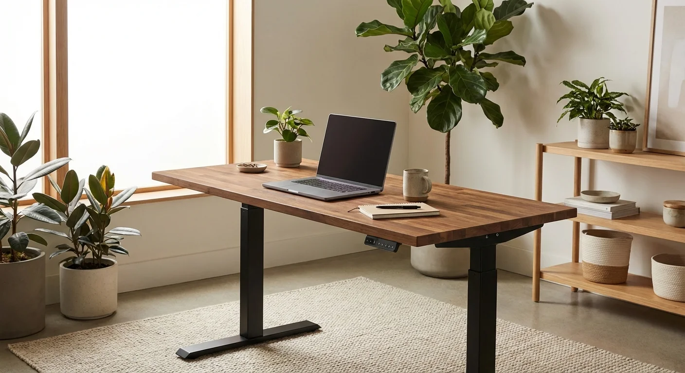 Vari Electric Standing Desk in butcher block finish with plants and desk accessories in a minimalist home office