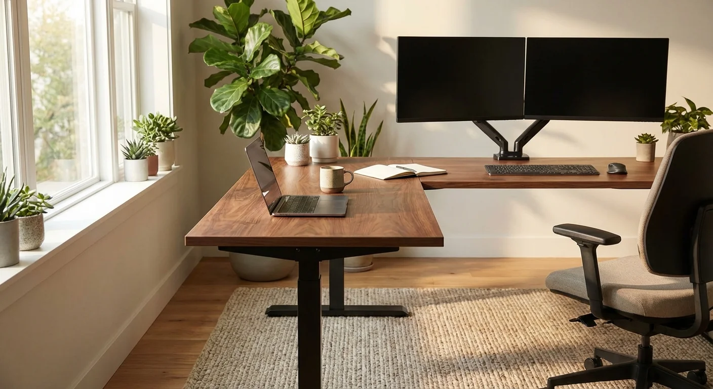 Uplift V2 L-Shape standing desk with walnut top in bright home office with dual monitors and plants