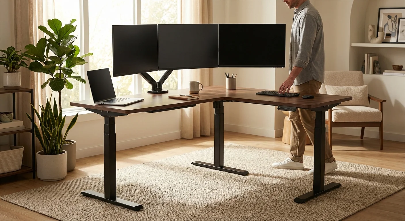 Fezibo Triple Motor L-shaped standing desk in dark walnut finish with triple monitor setup in a modern office