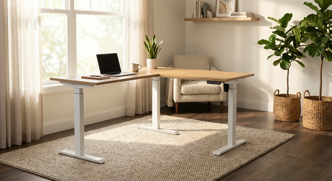 VIVO L-Shape electric standing desk in white finish in a minimalist apartment home office