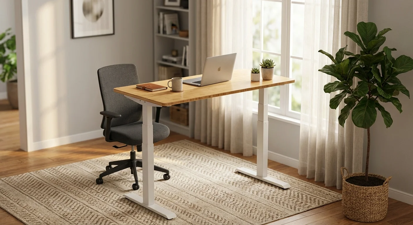 FlexiSpot E7L standing desk in natural bamboo top raised to standing height with ergonomic chair in a bright studio office