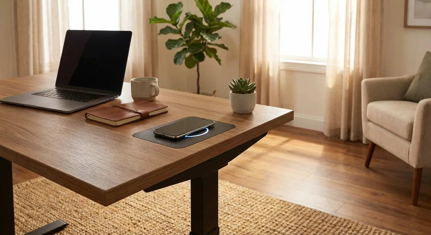 Tresanti standing desk with wireless charging pad close-up product photo
