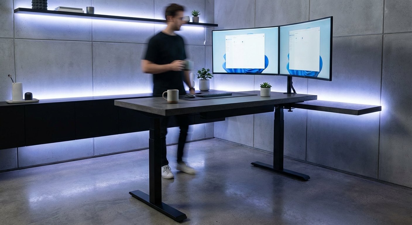 standing desk home office setup dual monitors 2026