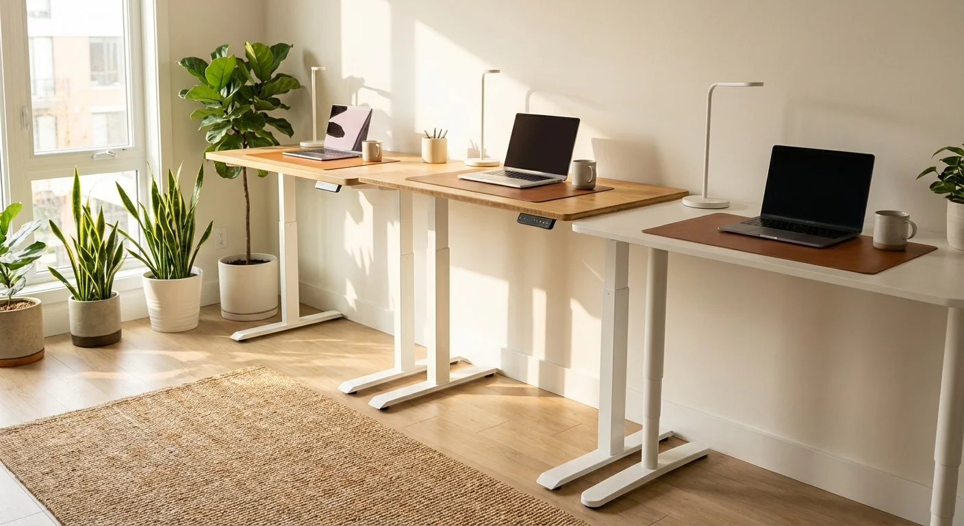 FlexiSpot E7 vs Uplift V2 vs IKEA BEKANT white standing desk side by side