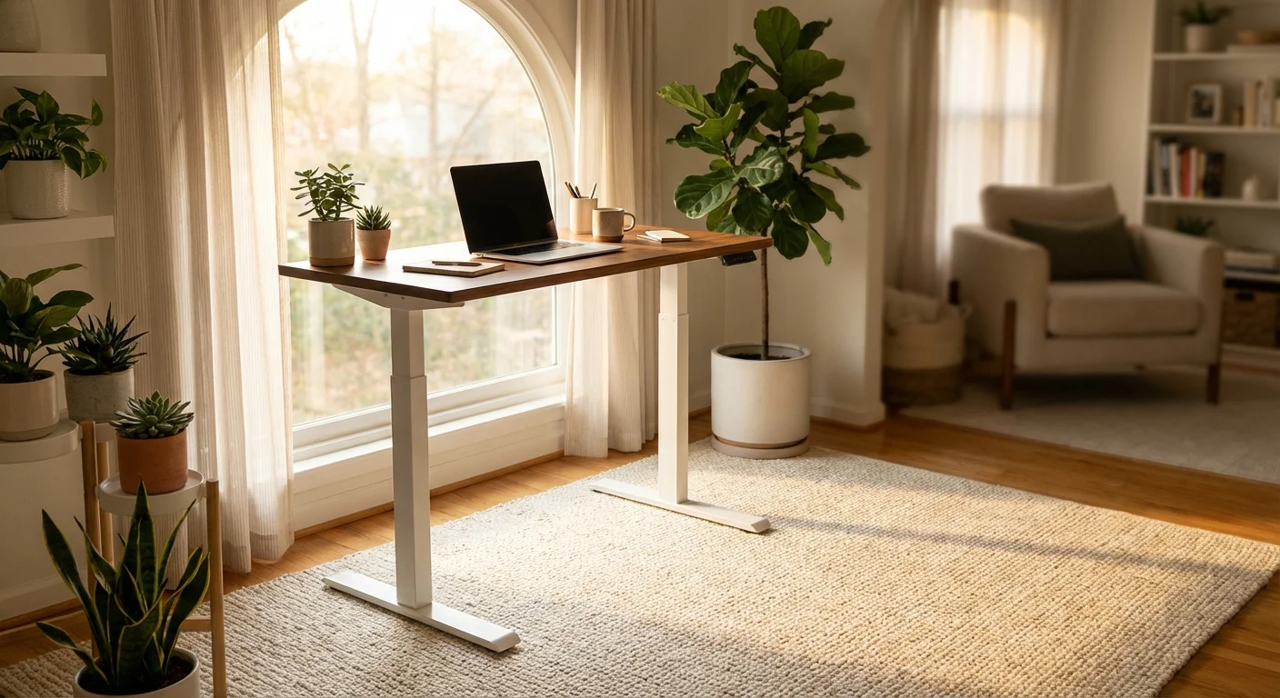 Uplift V2 white standing desk in home office setup