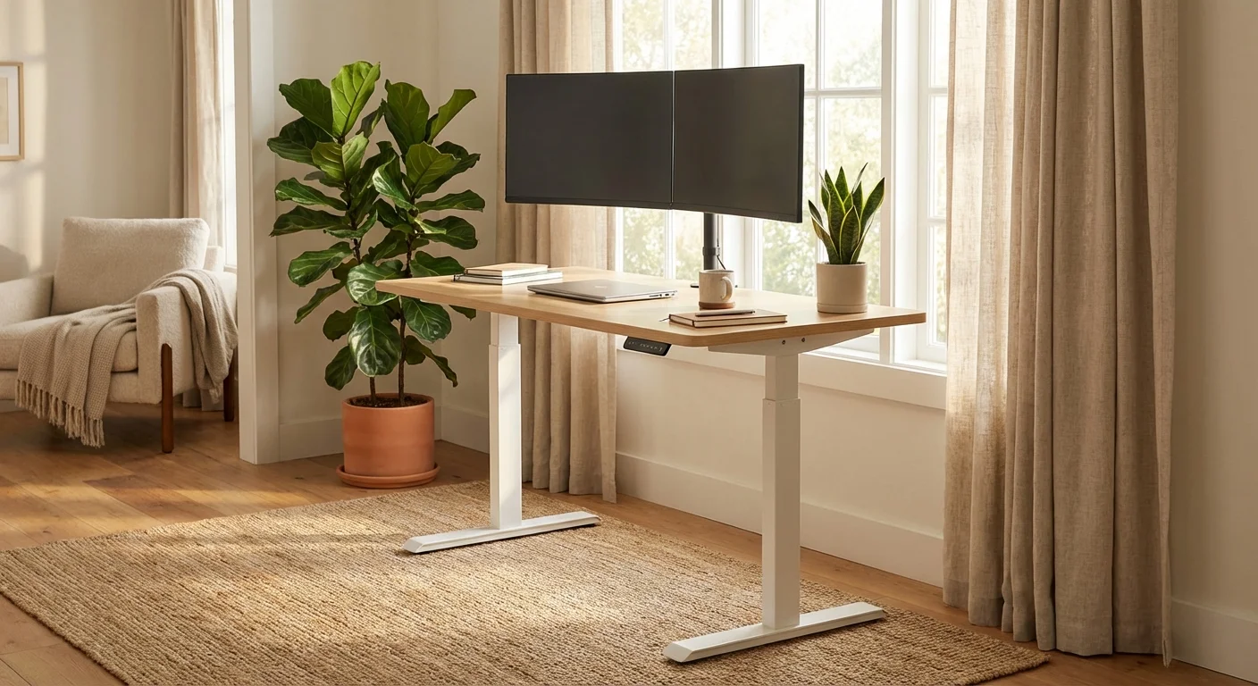 FlexiSpot E7 white standing desk with dual monitor setup