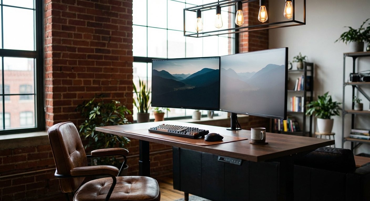 Fully Jarvis standing desk at standing height with dual monitors setup
