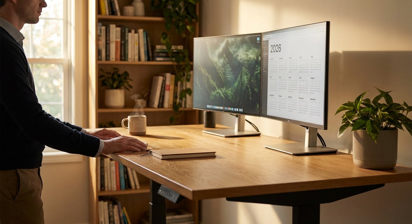 standing desk home office setup with dual monitors 2026