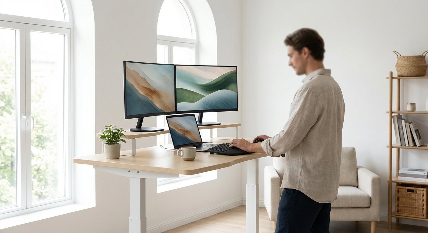 Fezibo electric standing desk 48 inch with dual monitors setup