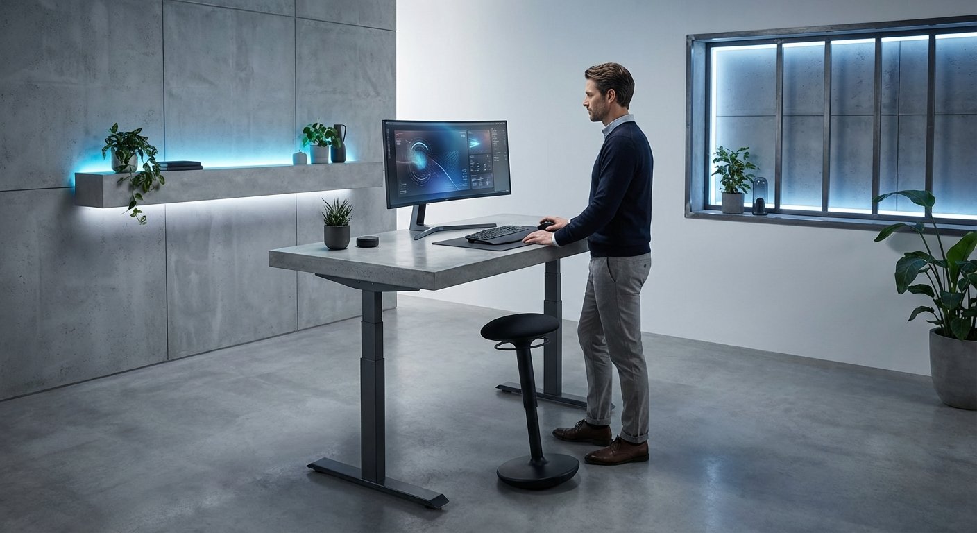 fully standing desk home office setup 2026