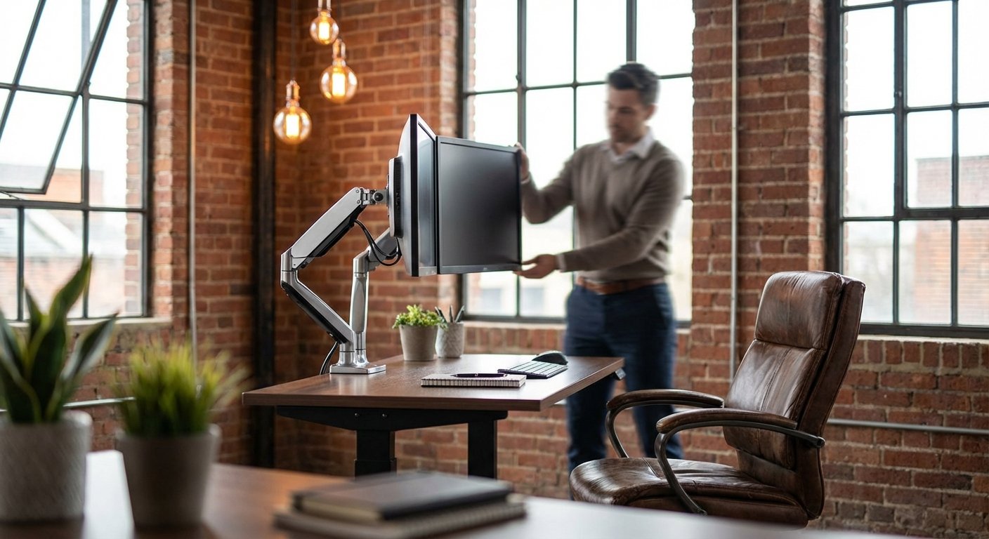 monitor arm mounted on standing desk eye level adjustment