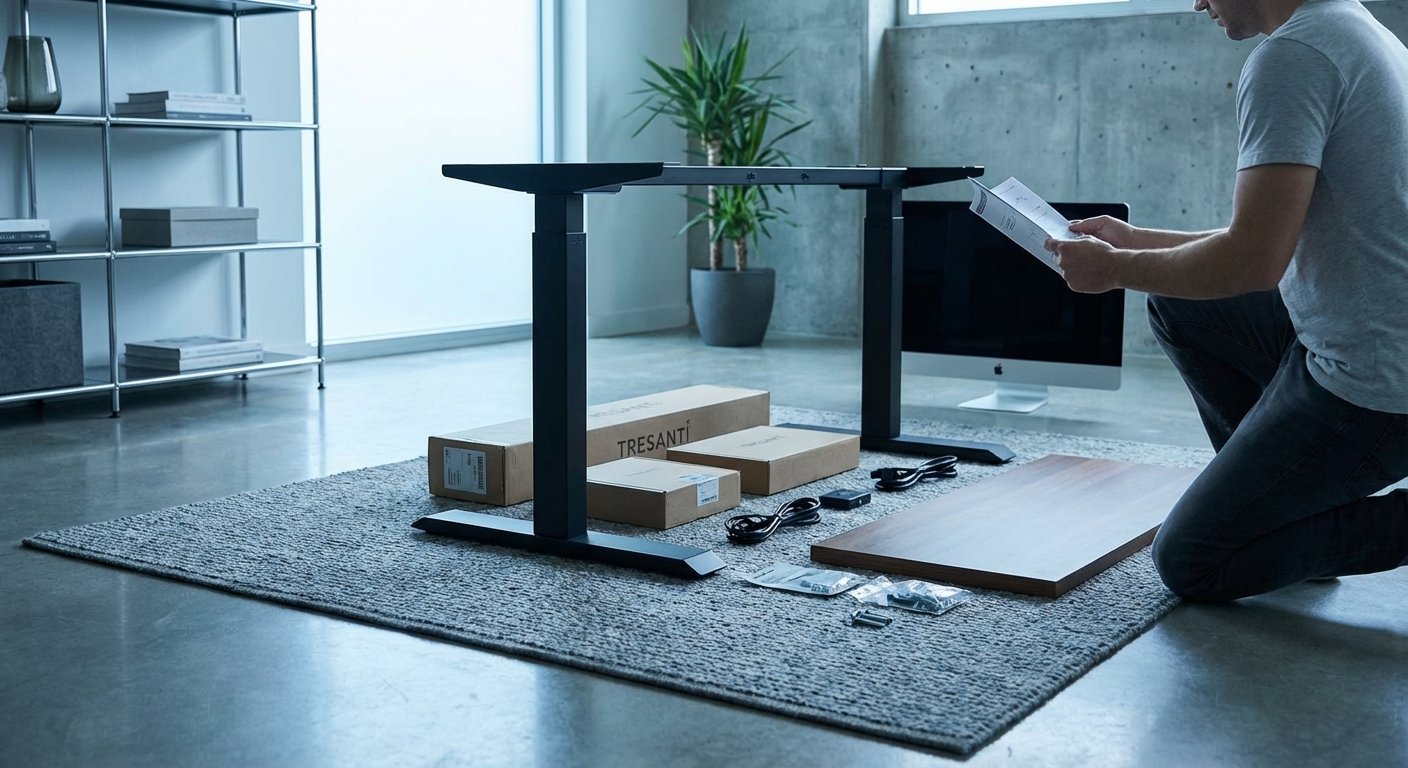 Tresanti adjustable height desk unboxed with all parts laid out