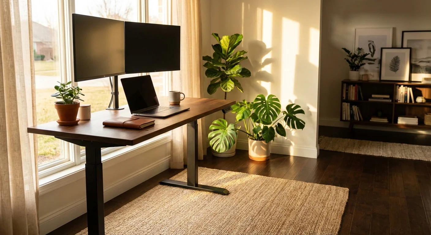 Uplift V2 standing desk with walnut top in bright home office with dual monitors
