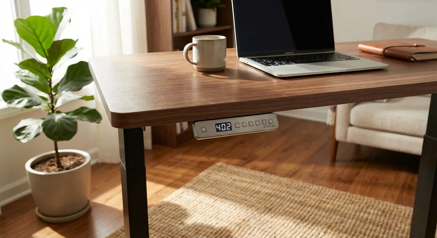 Close-up of Uplift V2 standing desk keypad controller with LED display on desk edge