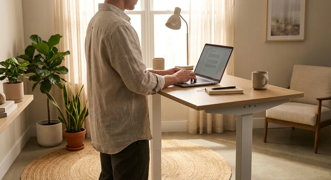 Uplift V2 standing desk at standing height with person typing in modern home office