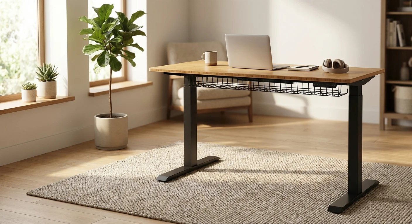 Uplift V2 standing desk with bamboo top and cable management tray in minimalist office