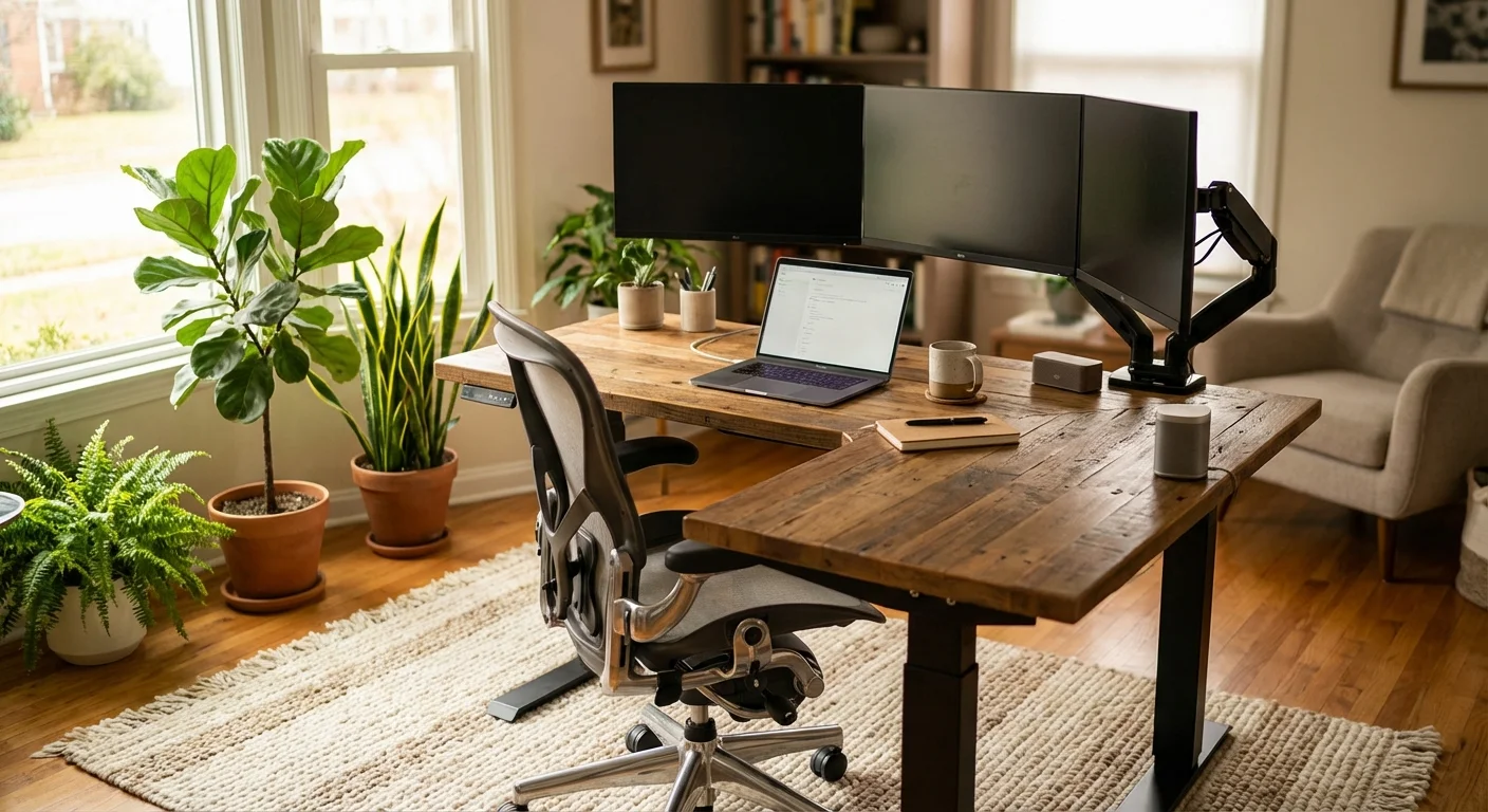 Uplift V2 L-shaped standing desk in corner office setup with three monitors